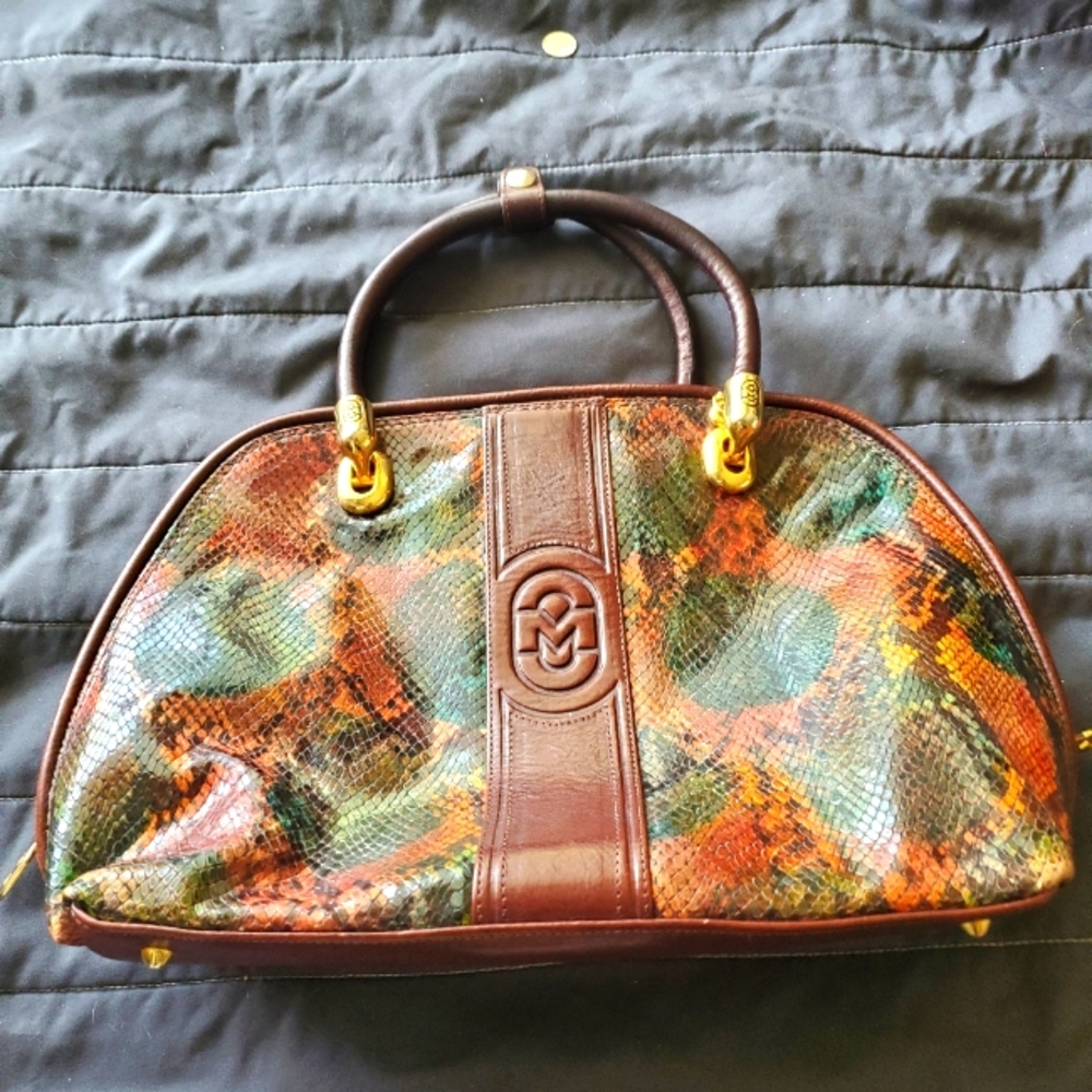Snakeskin embossed colorful leather tote bag